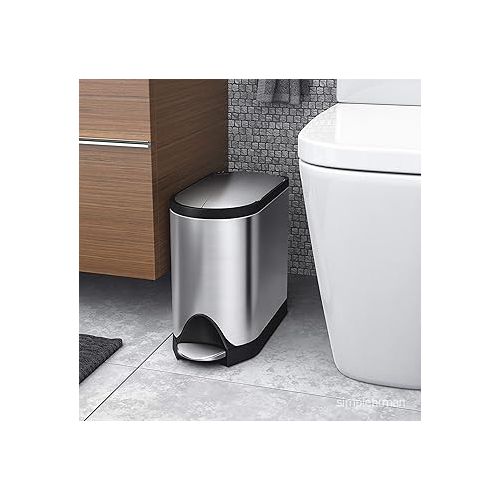 심플휴먼 simplehuman 10 Liter / 2.6 Gallon Butterfly Lid Bathroom Step Trash Can, Brushed Stainless Steel with Black Trim