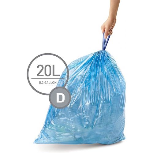심플휴먼 simplehuman Code D 60 Count, Genuine Custom Fit Liners, Drawstring Trash Bags in Dispenser Packs, 20 Liter / 5.3 Gallon, Blue