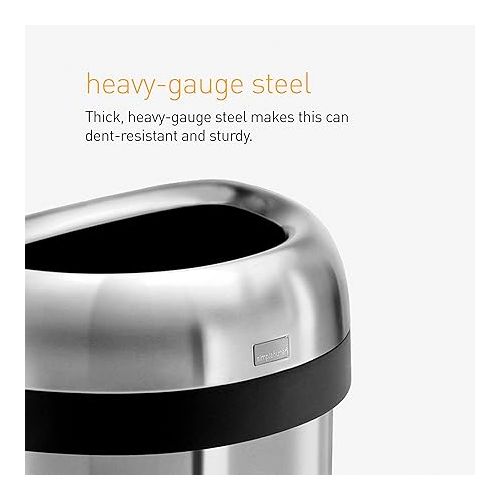 심플휴먼 simplehuman 60 Liter / 15.9 Gallon Large Semi-Round Open Top Trash Can Commercial Grade Heavy Gauge, Brushed Stainless Steel