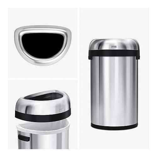 심플휴먼 simplehuman 60 Liter / 15.9 Gallon Large Semi-Round Open Top Trash Can Commercial Grade Heavy Gauge, Brushed Stainless Steel