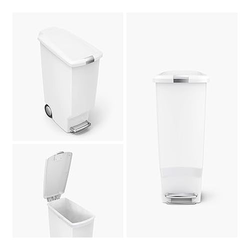 심플휴먼 simplehuman 40 Liter / 10.6 Gallon Slim Kitchen Step Trash Can With Secure Slide Lock, White Plastic