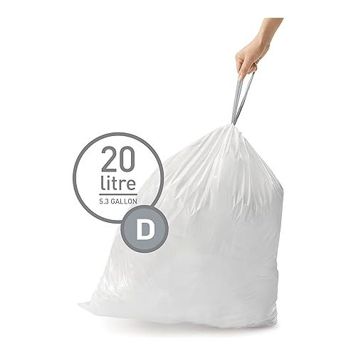 심플휴먼 simplehuman code D Custom Fit Drawstring Trash Bags in Dispenser Packs, 20 Count, 20L / 5.2 Gallon, White