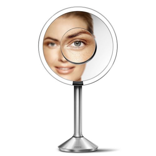 심플휴먼 Simplehuman simplehuman Sensor Lighted Makeup Vanity Mirror Pro 8 Round, 5X + 10x Dual Magnification, Rose Gold Stainless Steel, Rechargeable and Cordless