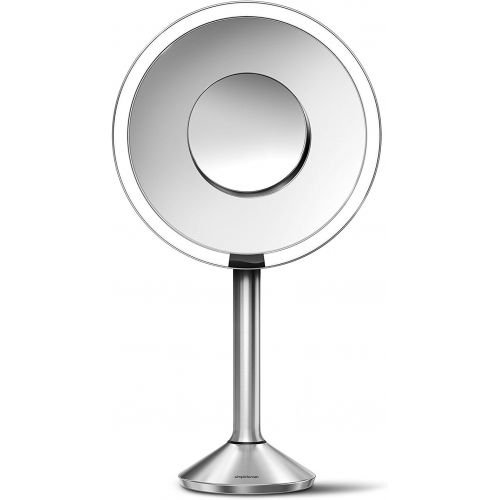 심플휴먼 simplehuman Sensor Lighted Makeup Vanity Mirror Pro 8 Round, 5X + 10x Dual Magnification, Brushed Stainless Steel, Rechargeable and Cordless