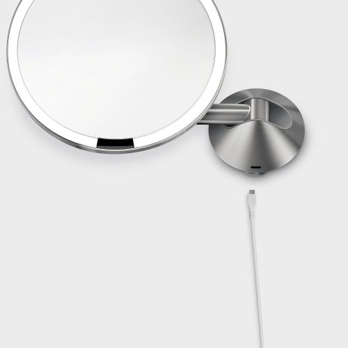 심플휴먼 simplehuman Sensor Lighted Makeup Vanity Mirror 8 Round Wall Mount, 5x Magnification, Stainless Steel, Rechargeable And Cordless