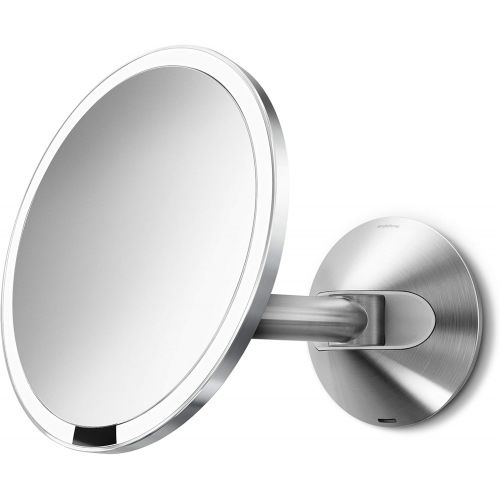 심플휴먼 simplehuman Sensor Lighted Makeup Vanity Mirror 8 Round Wall Mount, 5x Magnification, Stainless Steel, Rechargeable And Cordless