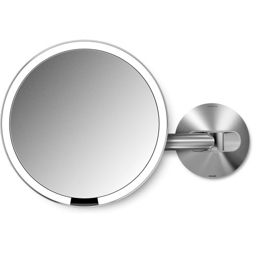 심플휴먼 simplehuman Sensor Lighted Makeup Vanity Mirror 8 Round Wall Mount, 5x Magnification, Stainless Steel, Rechargeable And Cordless