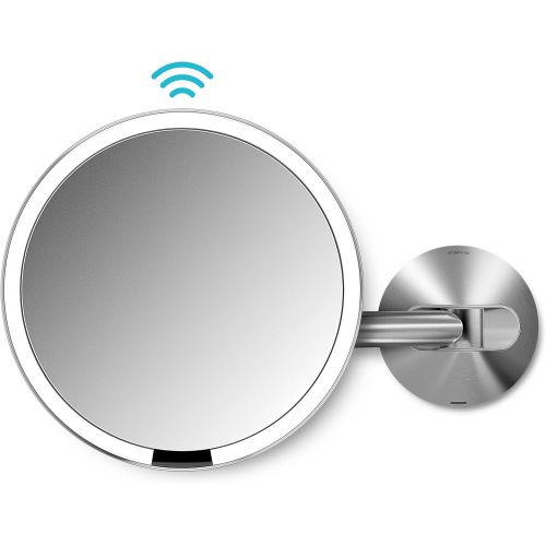 심플휴먼 simplehuman Sensor Lighted Makeup Vanity Mirror 8 Round Wall Mount, 5x Magnification, Stainless Steel, Rechargeable And Cordless