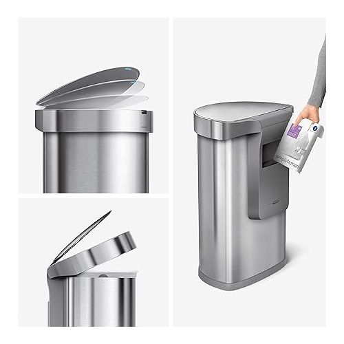 심플휴먼 simplehuman 45 Liter / 12 Gallon Semi-Round Sensor Automatic Trash Can, Brushed Stainless Steel Plus 60 Pack Code J Liners