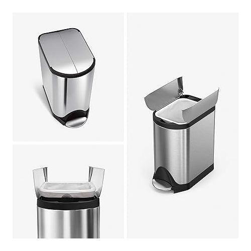 심플휴먼 simplehuman 10 Liter Butterfly Lid Bathroom Step Trash Can and 4.5 Liter Round Bathroom Step Trash Can, Brushed Stainless Steel