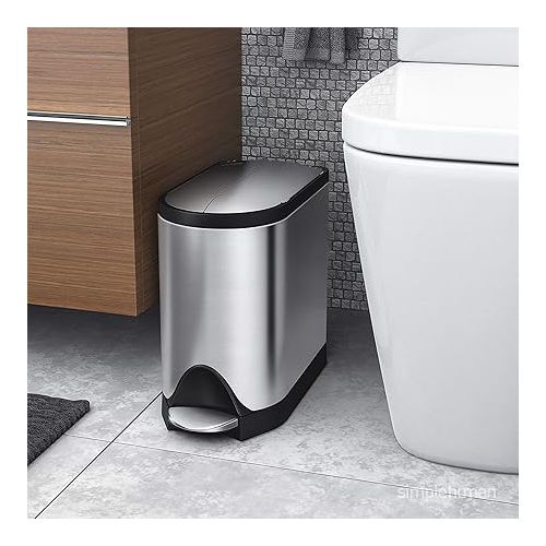 심플휴먼 simplehuman 10 Liter Butterfly Lid Bathroom Step Trash Can and 4.5 Liter Round Bathroom Step Trash Can, Brushed Stainless Steel