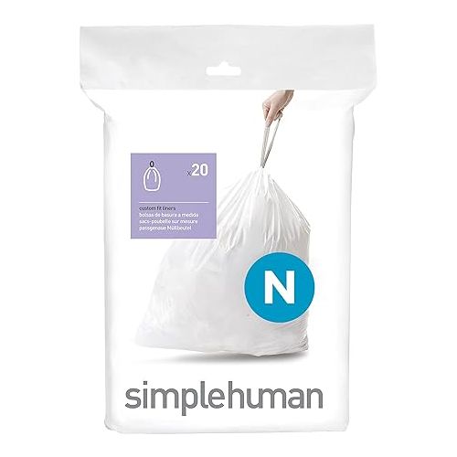 심플휴먼 simplehuman 45 Liter / 12 Gallon Slim Hands-Free Kitchen Step Trash Can with Liner Rim, Brushed Stainless Steel & Code N Custom Fit Drawstring Trash Bags, 45-50 Liter / 12-13 Gallon, White, 20 Liners