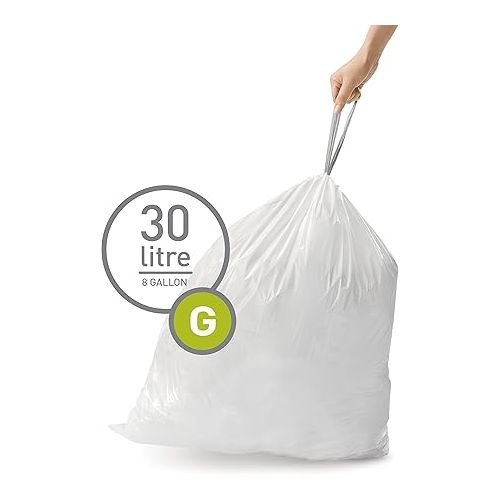 심플휴먼 simplehuman 35 Liter / 9.3 Gallon Dual Compartment Under Counter Kitchen Cabinet Pull-Out Recycling Bin and Trash Can & Code G Custom Fit Drawstring Trash Bags, 60 Pack, White, 60 Count