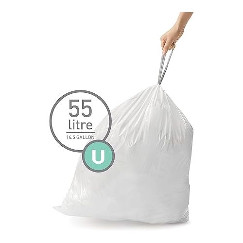 심플휴먼 simplehuman Code U Custom Fit Drawstring Trash Bags in Dispenser Packs, 20 Count, 55 Liter / 14.5 Gallon, White