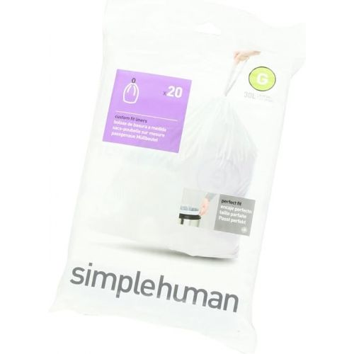 심플휴먼 simplehuman Code G Custom Fit Drawstring Trash Bags in Dispenser Packs, 30 Liter / 8 Gallon, White - 20 Liners