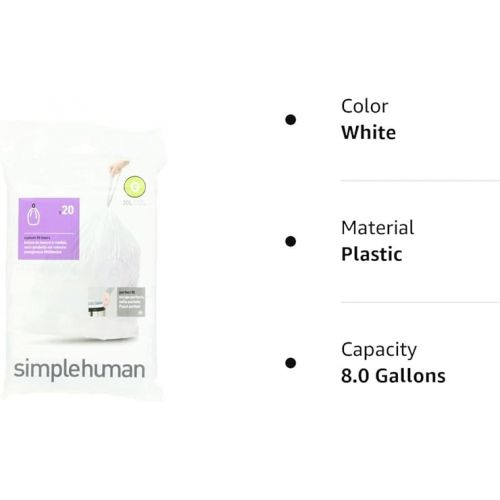 심플휴먼 simplehuman Code G Custom Fit Drawstring Trash Bags in Dispenser Packs, 30 Liter / 8 Gallon, White - 20 Liners