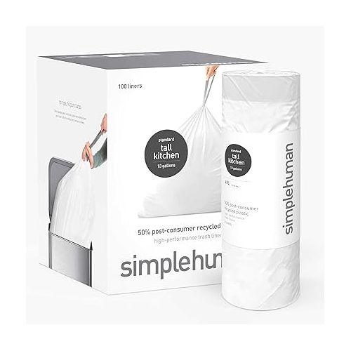 심플휴먼 simplehuman 50% Post-Consumer Recycled Tall Kitchen Drawstring Trash Bags, 13 Gal, 100 Count