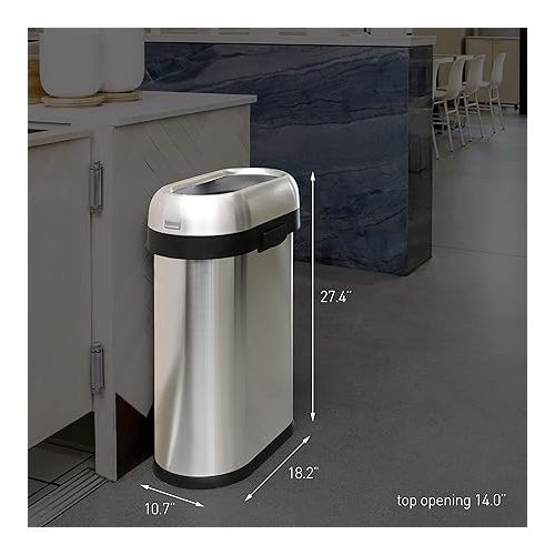 심플휴먼 simplehuman 50 Liter / 13.2 Gallon Slim Open Top Trash Can, Commercial Grade Heavy Gauge Brushed Stainless Steel