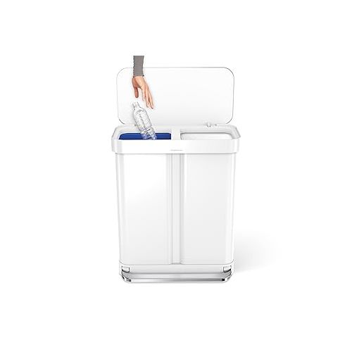 심플휴먼 simplehuman Large Kitchen Double Trash Can with Lid, Touchless, Recycle Bin + Waste Basket, 58 Liter / 15.3 Gallon, White Stainless Steel