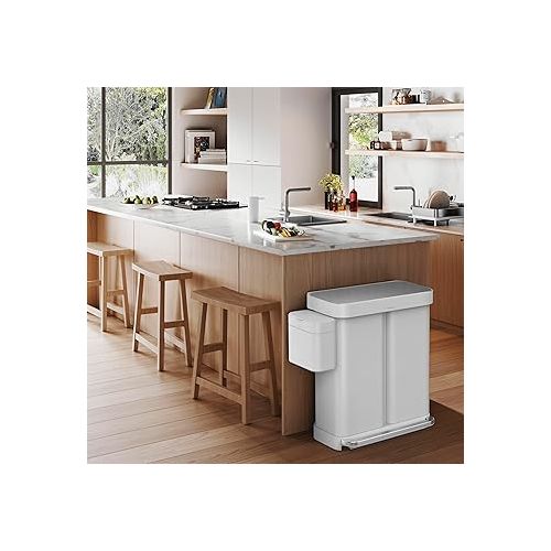 심플휴먼 simplehuman Large Kitchen Double Trash Can with Lid, Touchless, Recycle Bin + Waste Basket, 58 Liter / 15.3 Gallon, White Stainless Steel