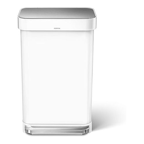 심플휴먼 simplehuman 45 Liter Rectangular Hands-Free Kitchen Step Soft-Close Lid Trash can, White Stainless Steel