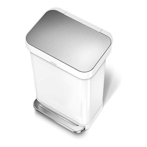 심플휴먼 simplehuman 45 Liter Rectangular Hands-Free Kitchen Step Soft-Close Lid Trash can, White Stainless Steel