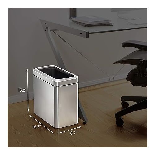 심플휴먼 simplehuman 25 Liter / 6.6 Gallon Slim Open Top Small Trash Can, Commercial Grade Heavy Gauge Office Trash Can, Brushed Stainless Steel