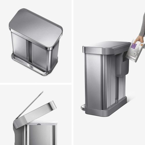 심플휴먼 [아마존베스트]Simplehuman simplehuman 58 Liter / 15.3 Gallon Stainless Steel Dual Compartment Rectangular Kitchen Step Trash Can Recycler with Liner Pocket, Brushed Stainless Steel.