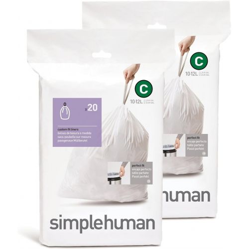 심플휴먼 [아마존베스트]Simplehuman simplehuman Custom Fit Trash Can Liner C, 10 Liters / 2.6 Gallons, 20 Count (Pack of 2)