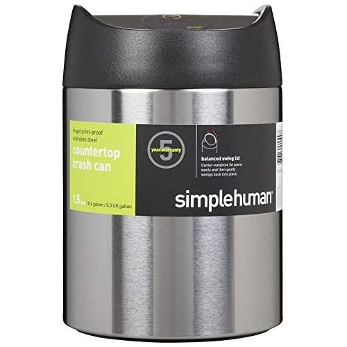 심플휴먼 [아마존베스트]Simplehuman simplehuman 1.5 Liter / 0.40 Gallon Countertop Trash Can, Brushed Stainless Steel