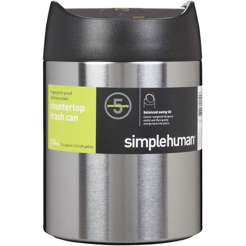 심플휴먼 [아마존베스트]Simplehuman simplehuman 1.5 Liter / 0.40 Gallon Countertop Trash Can, Brushed Stainless Steel