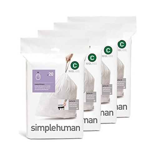 심플휴먼 [아마존베스트]Simplehuman simplehuman Custom Fit Trash Can Liner C, 10 Liters / 2.6 Gallons, 20 Count (Pack of 4)