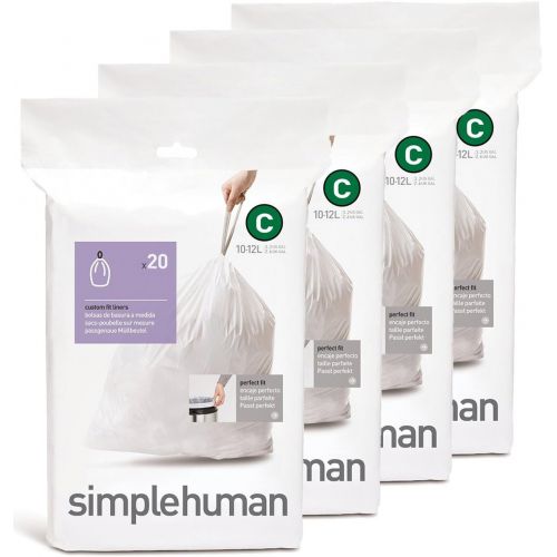 심플휴먼 [아마존베스트]Simplehuman simplehuman Custom Fit Trash Can Liner C, 10 Liters / 2.6 Gallons, 20 Count (Pack of 4)
