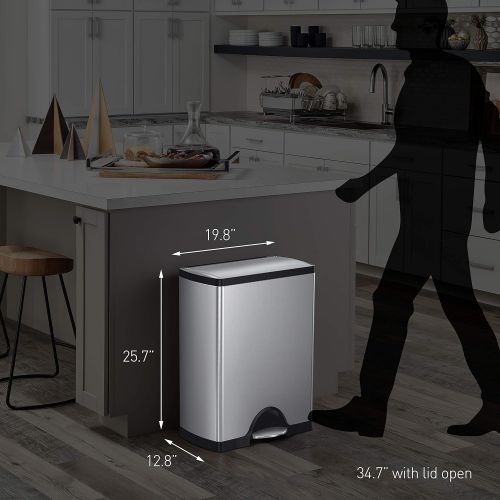 심플휴먼 [아마존베스트]Simplehuman simplehuman 46 Liter / 12.2 Gallon Stainless Steel Rectangular Kitchen Dual Compartment Step Trash Can Recycler, Brushed Stainless Steel