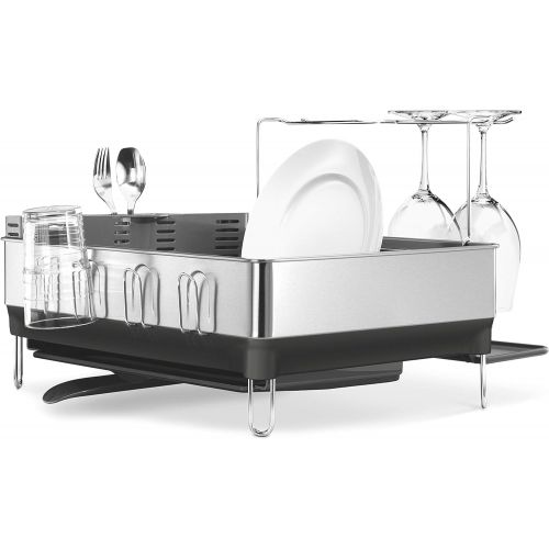 심플휴먼 simplehuman Kitchen Steel Frame Dish Rack With Swivel Spout, Fingerprint-Proof Stainless Steel Frame, Grey Plastic