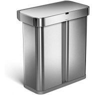 simplehuman, Brushed 58 Liter / 15.3 Gallon Stainless Steel Touch-Free Dual Compartment Rectangular Kitchen Trash Can Recycler, Voice and Motion Sensor Activated