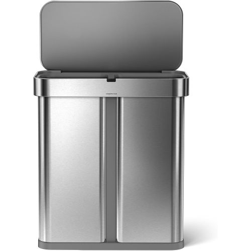 심플휴먼 simplehuman, Brushed 58 Liter / 15.3 Gallon Stainless Steel Touch-Free Dual Compartment Rectangular Kitchen Trash Can Recycler, Voice and Motion Sensor Activated