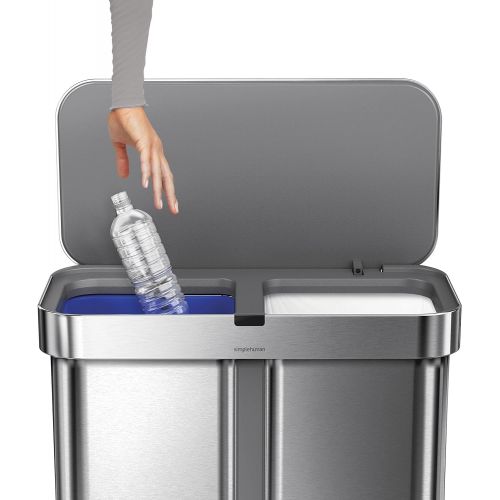 심플휴먼 simplehuman, Brushed 58 Liter / 15.3 Gallon Stainless Steel Touch-Free Dual Compartment Rectangular Kitchen Trash Can Recycler, Voice and Motion Sensor Activated