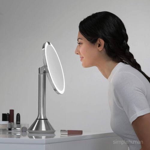 심플휴먼 simplehuman Sensor Lighted Makeup Vanity Mirror, 8 Round with Touch-Control Brightness, 5X Magnification, Pink Stainless Steel, Rechargeable and Cordless
