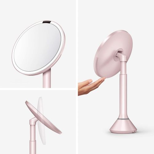 심플휴먼 simplehuman Sensor Lighted Makeup Vanity Mirror, 8 Round with Touch-Control Brightness, 5X Magnification, Pink Stainless Steel, Rechargeable and Cordless