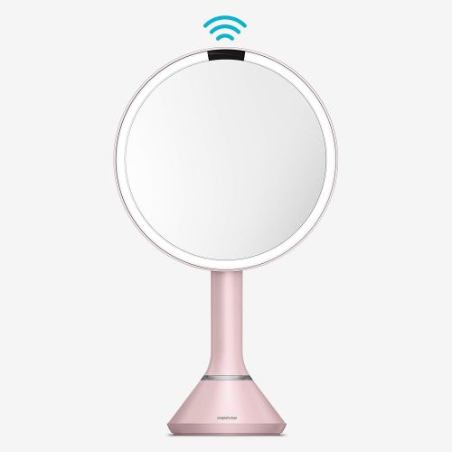 심플휴먼 simplehuman Sensor Lighted Makeup Vanity Mirror, 8 Round with Touch-Control Brightness, 5X Magnification, Pink Stainless Steel, Rechargeable and Cordless