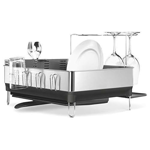 심플휴먼 simplehuman Kitchen Steel Frame Dish Rack With Swivel Spout, Fingerprint-Proof Stainless Steel Frame, Grey Plastic