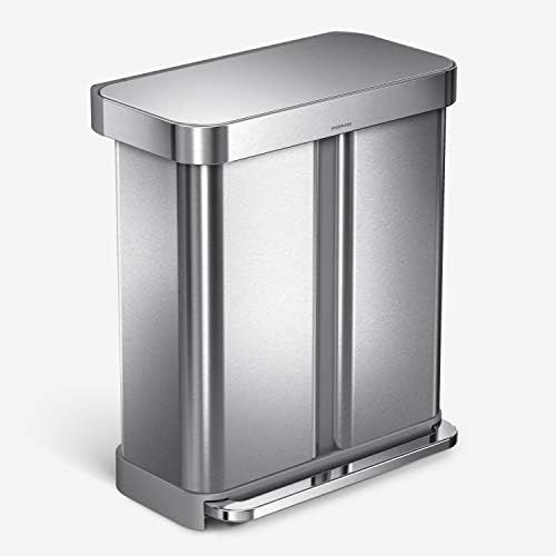 심플휴먼 simplehuman 58 Liter Rectangular Hands-Free Dual Compartment Recycling Kitchen Step Trash Can with Soft-Close Lid, Brushed Stainless Steel