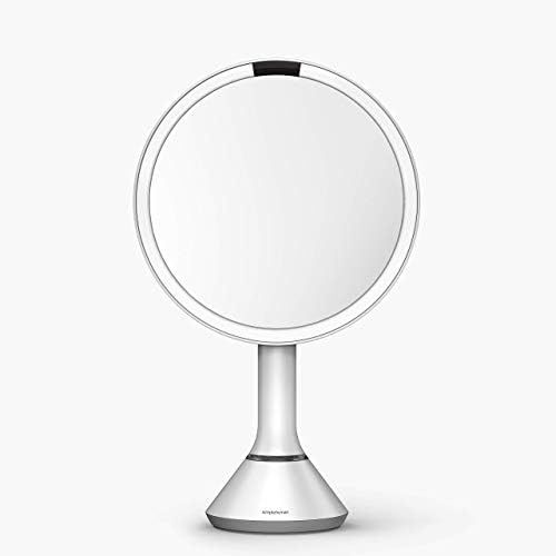 심플휴먼 simplehuman Sensor Lighted Makeup Vanity Mirror, 8 Round With Touch-Control Brightness, 5x Magnification, White Stainless Steel, Rechargeable And Cordless