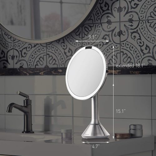 심플휴먼 simplehuman Sensor Lighted Makeup Vanity Mirror, 8 Round With Touch-Control Brightness, 5x Magnification, White Stainless Steel, Rechargeable And Cordless