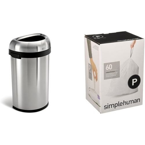 심플휴먼 simplehuman 60 Litre semi-Round Open can Heavy-Gauge Brushed Stainless Steel + Code P 60 Pack Liners