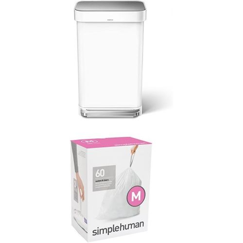 심플휴먼 simplehuman 45L Rectangular Step Trash Can with Liner Pocket, White Steel, with 60 pack custom fit liner code M