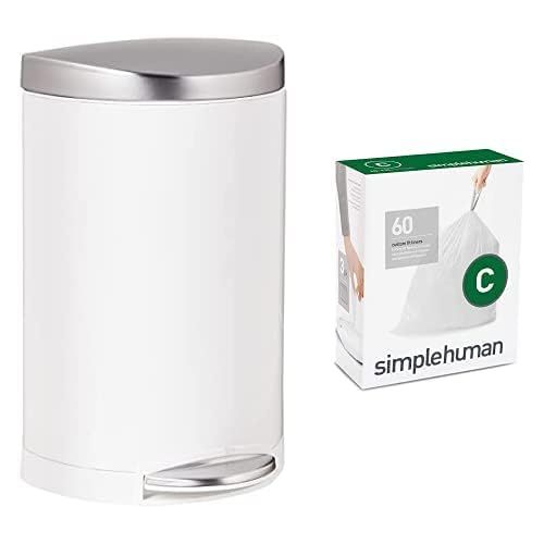 심플휴먼 simplehuman 10 litre semi-round step can white steel | stainless steel lid + code C 60 pack liners