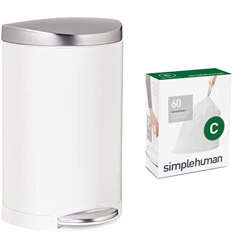 심플휴먼 simplehuman 10 litre semi-round step can white steel | stainless steel lid + code C 60 pack liners