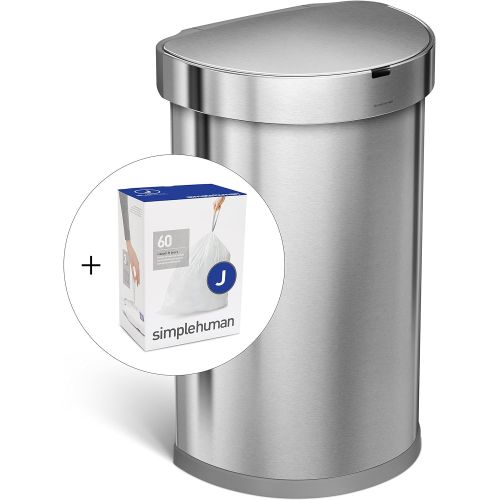 심플휴먼 simplehuman 45L Semi-Round Sensor Can, Automatic Kitchen Trash Can, Brushed Stainless Steel, with 60 pack custom fit liner code J